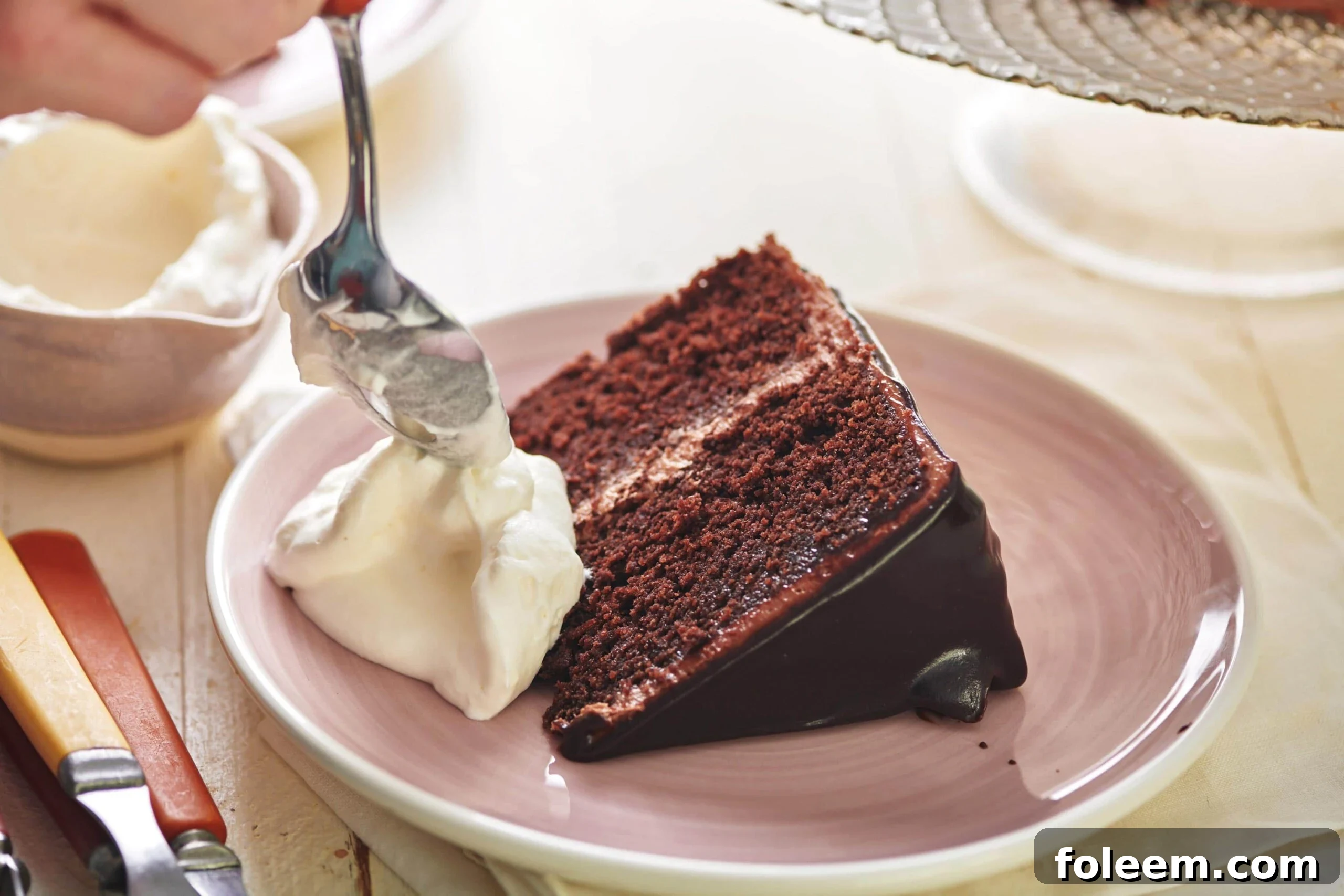 Slice of Devil's Food Cake on pink plate with whipped cream.