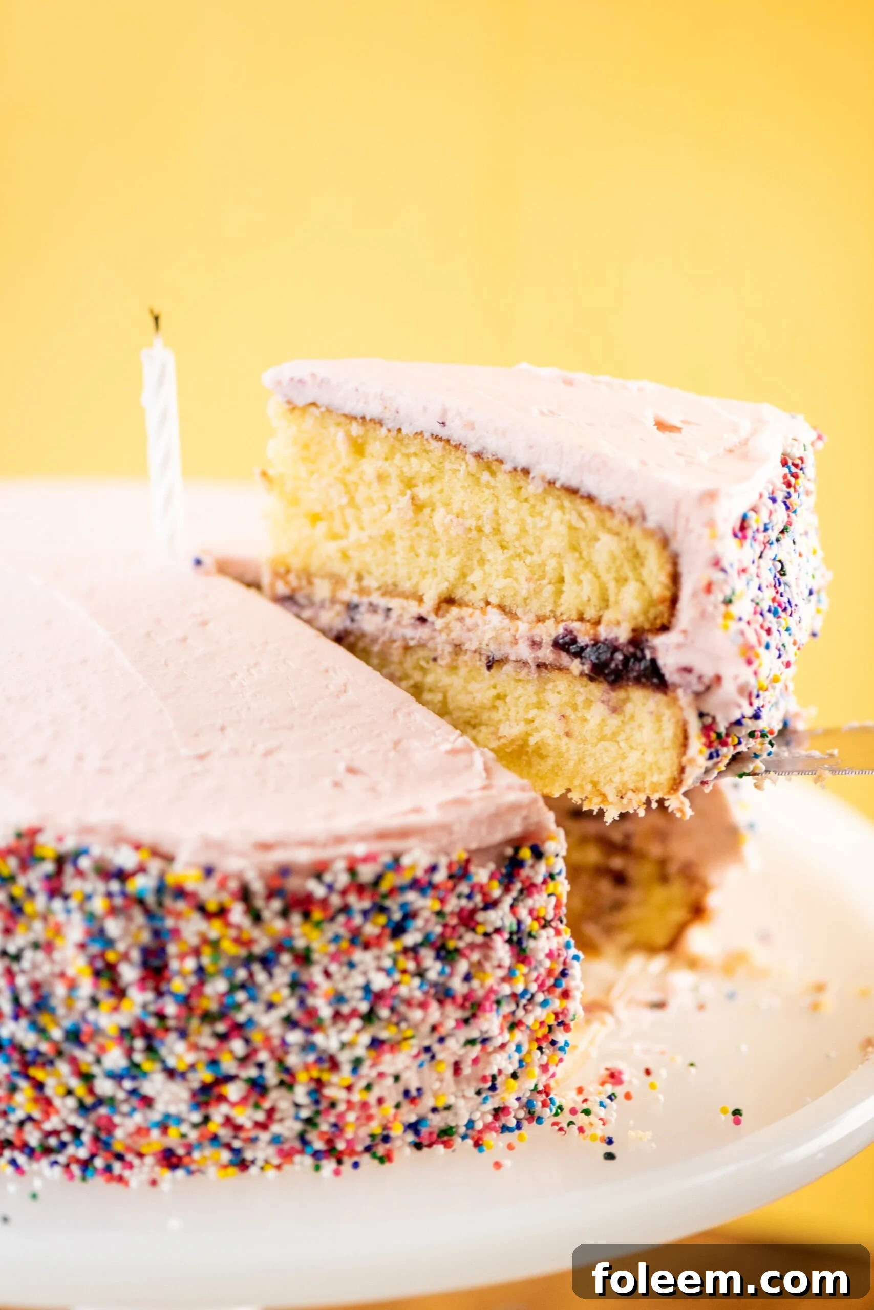Spatula removing a slice from a Vanilla Layer Cake.