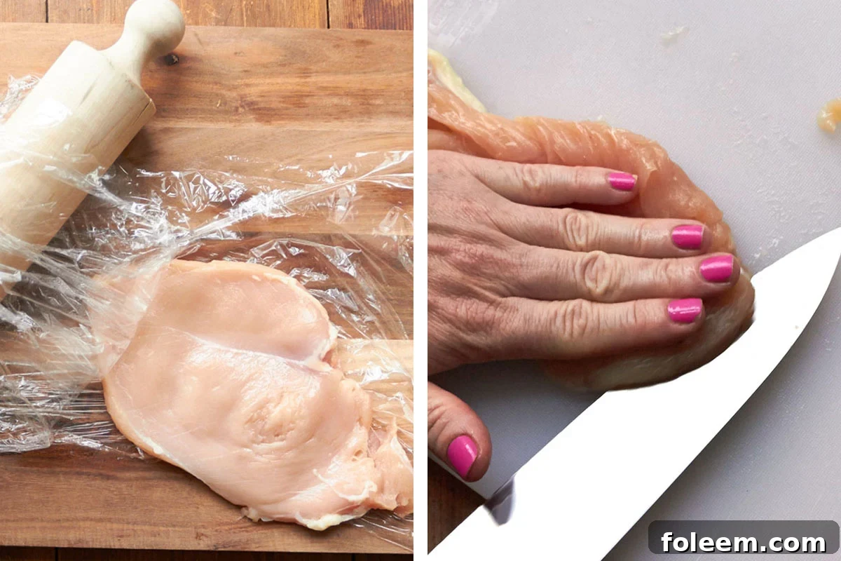 Woman pounding and slicing chicken breasts into cutlets.