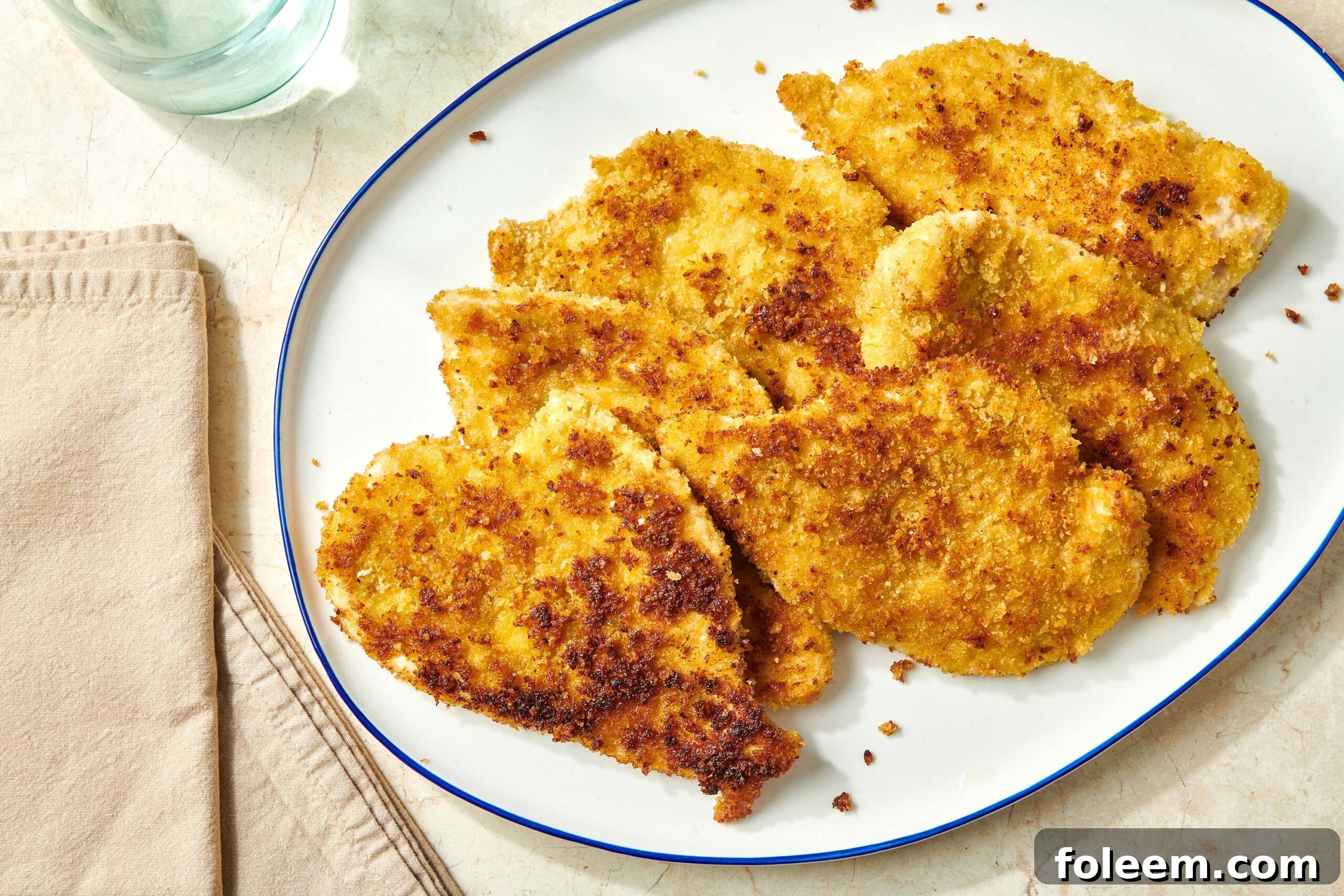 Cooked breaded chicken cutlets on white plate.