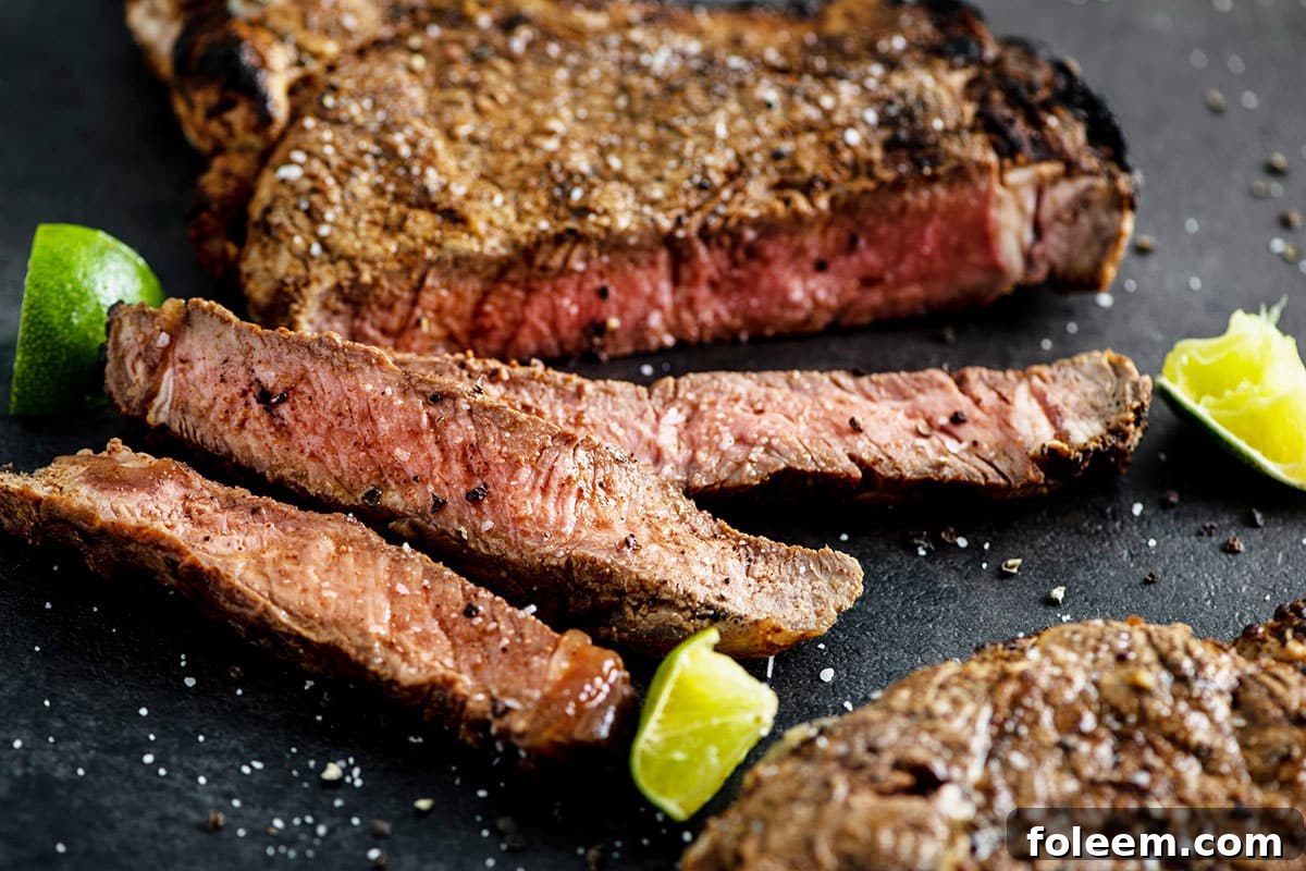 Grilled Mexican Rib-Eye Steaks sliced on cutting board with limes