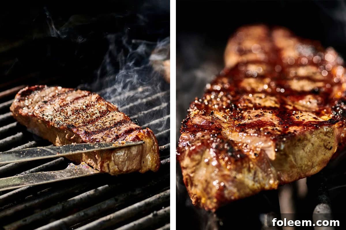 Flipping NY strip steak on grill for crosshatch marks.