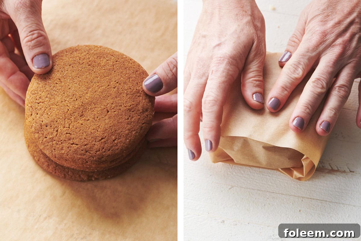 Woman wrapping gingersnap cookies in parchment paper.