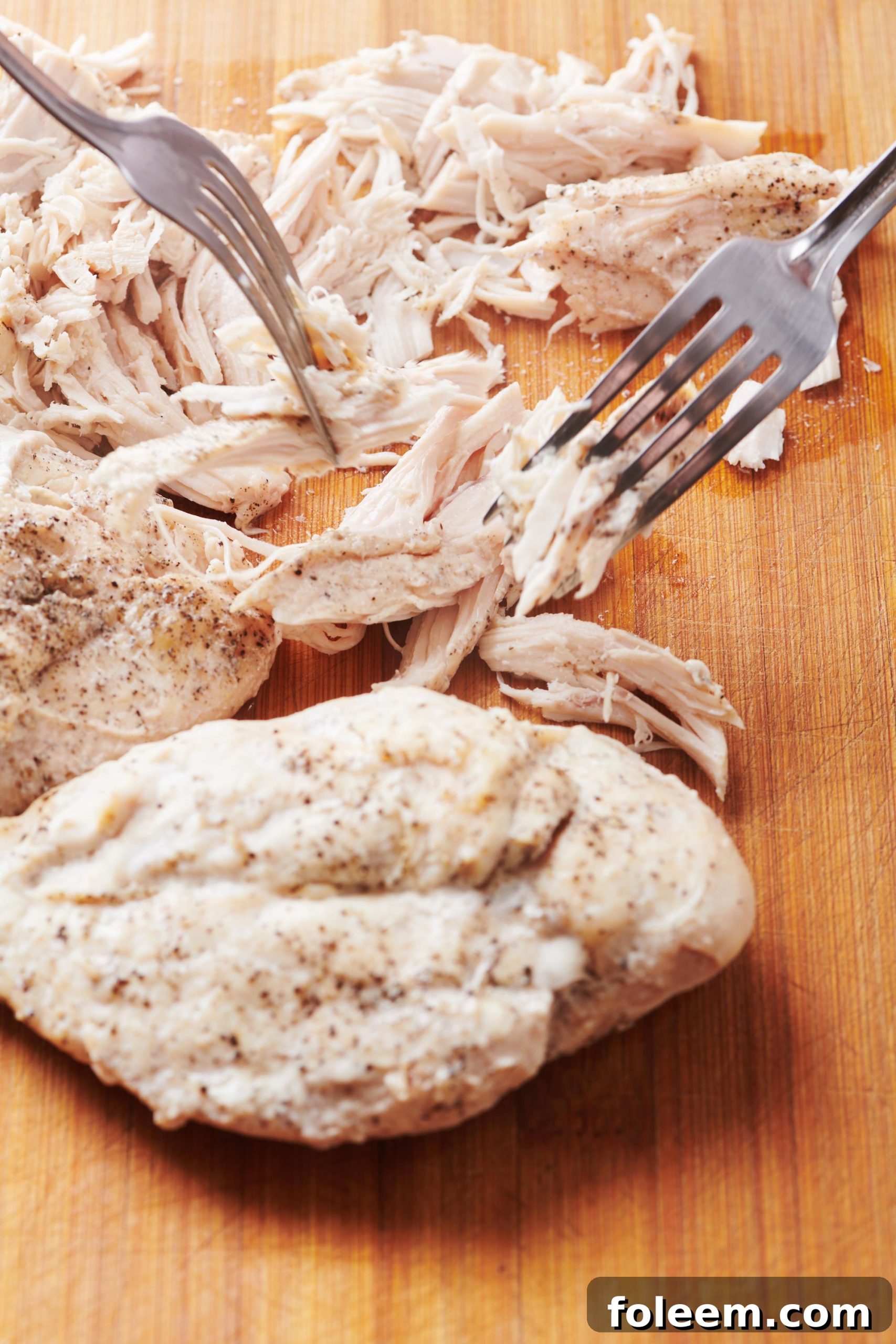 Two forks shredding chicken on a wooden surface.