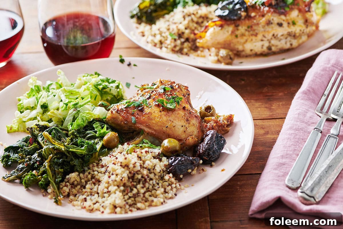 Chicken Marbella on white plate with side dishes.