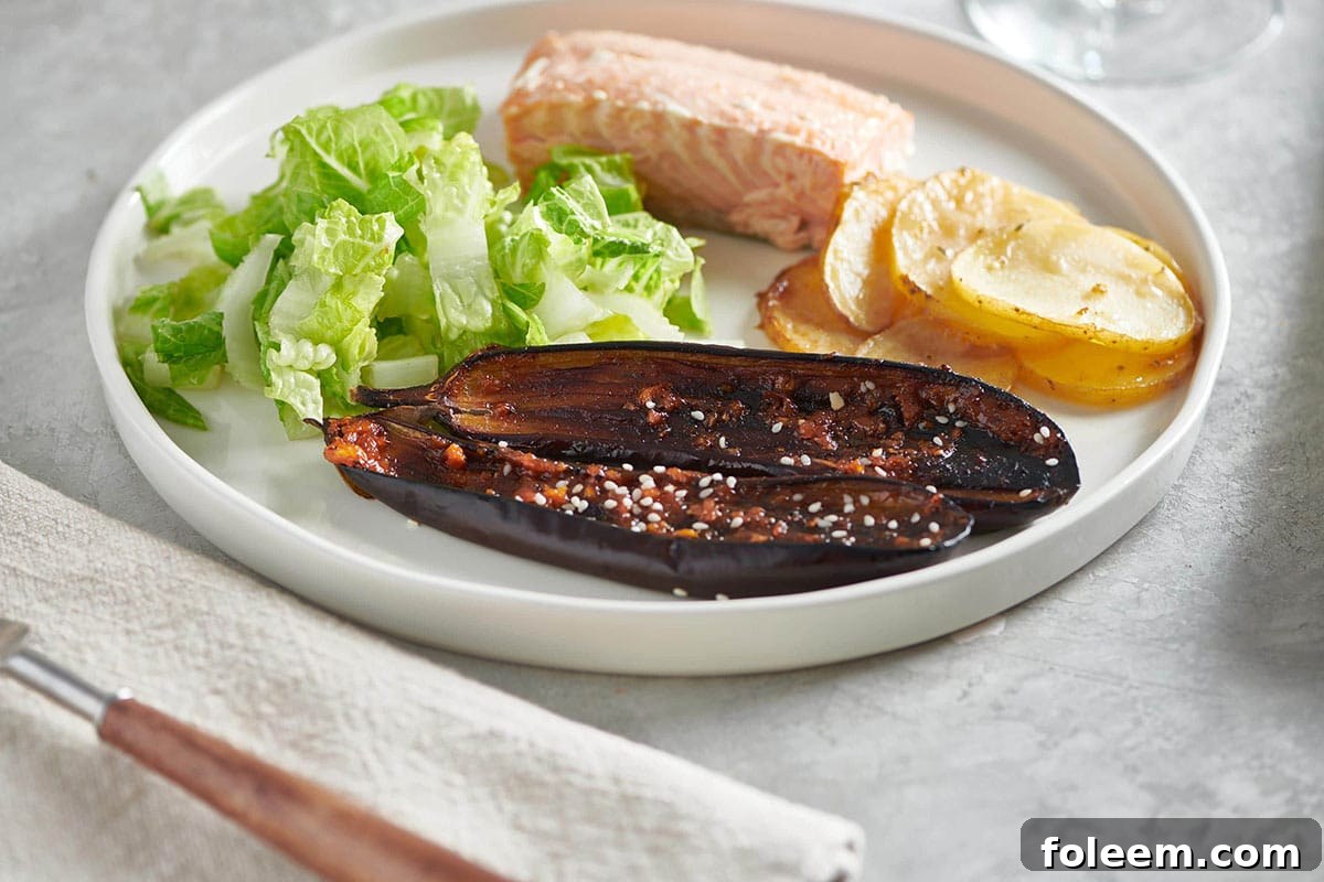 Slices of Japanese Miso Eggplant on white plate with salad and fish.