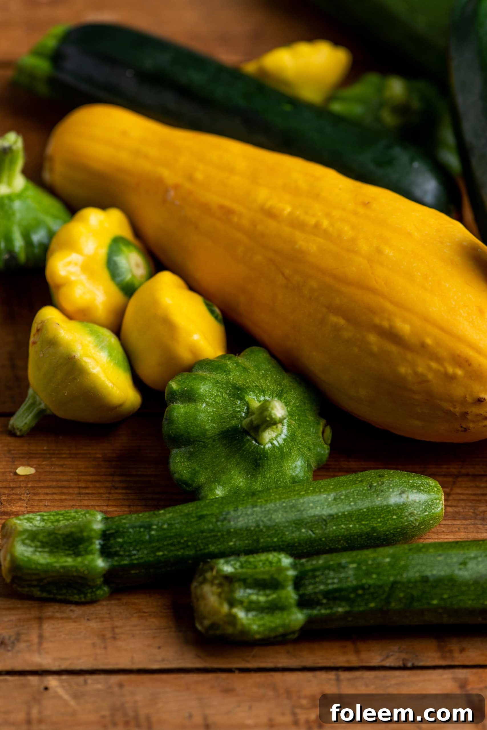 Fresh Zucchini and Summer Squash piled on wood board.