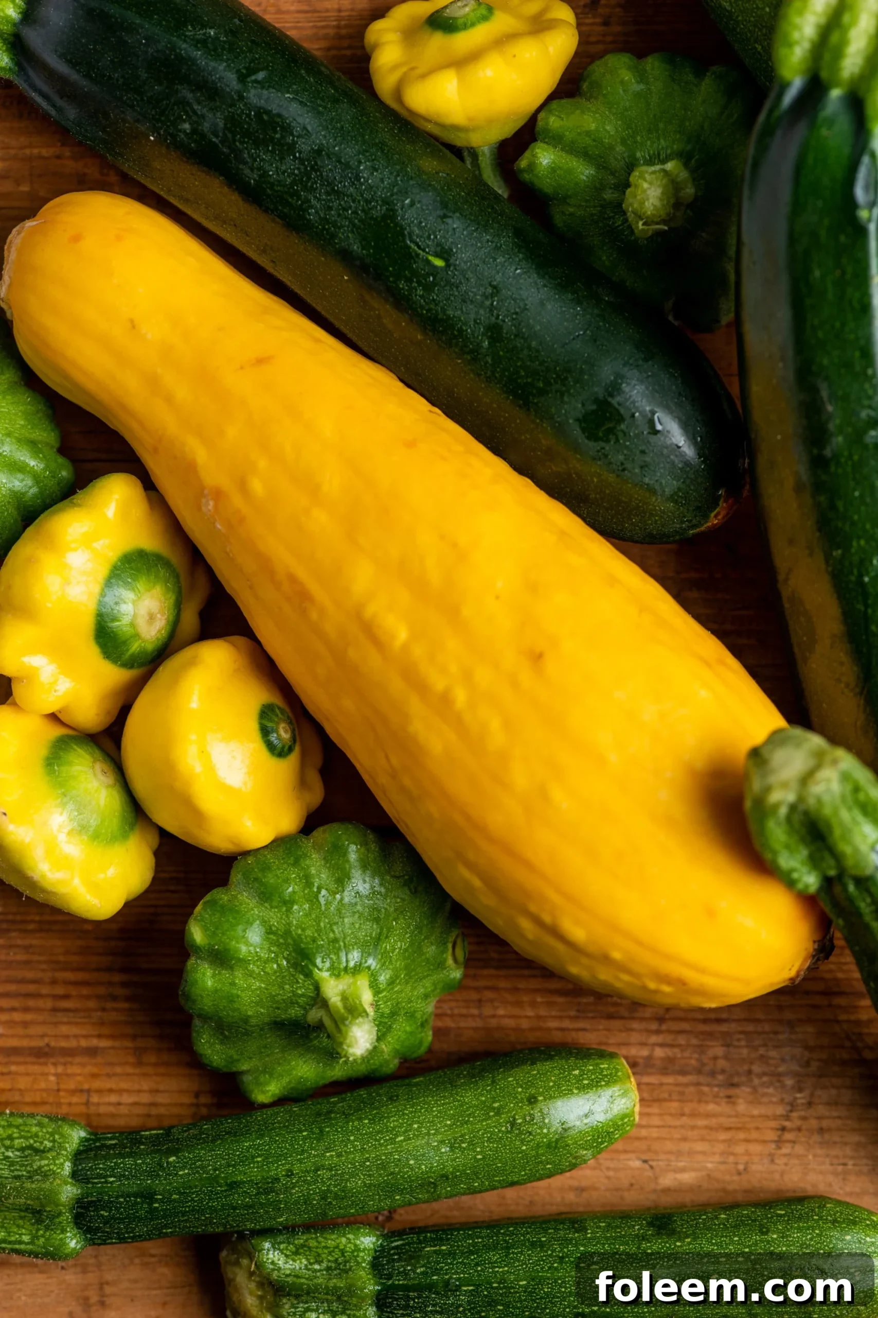 Fresh summer squash and zucchini of various sizes.