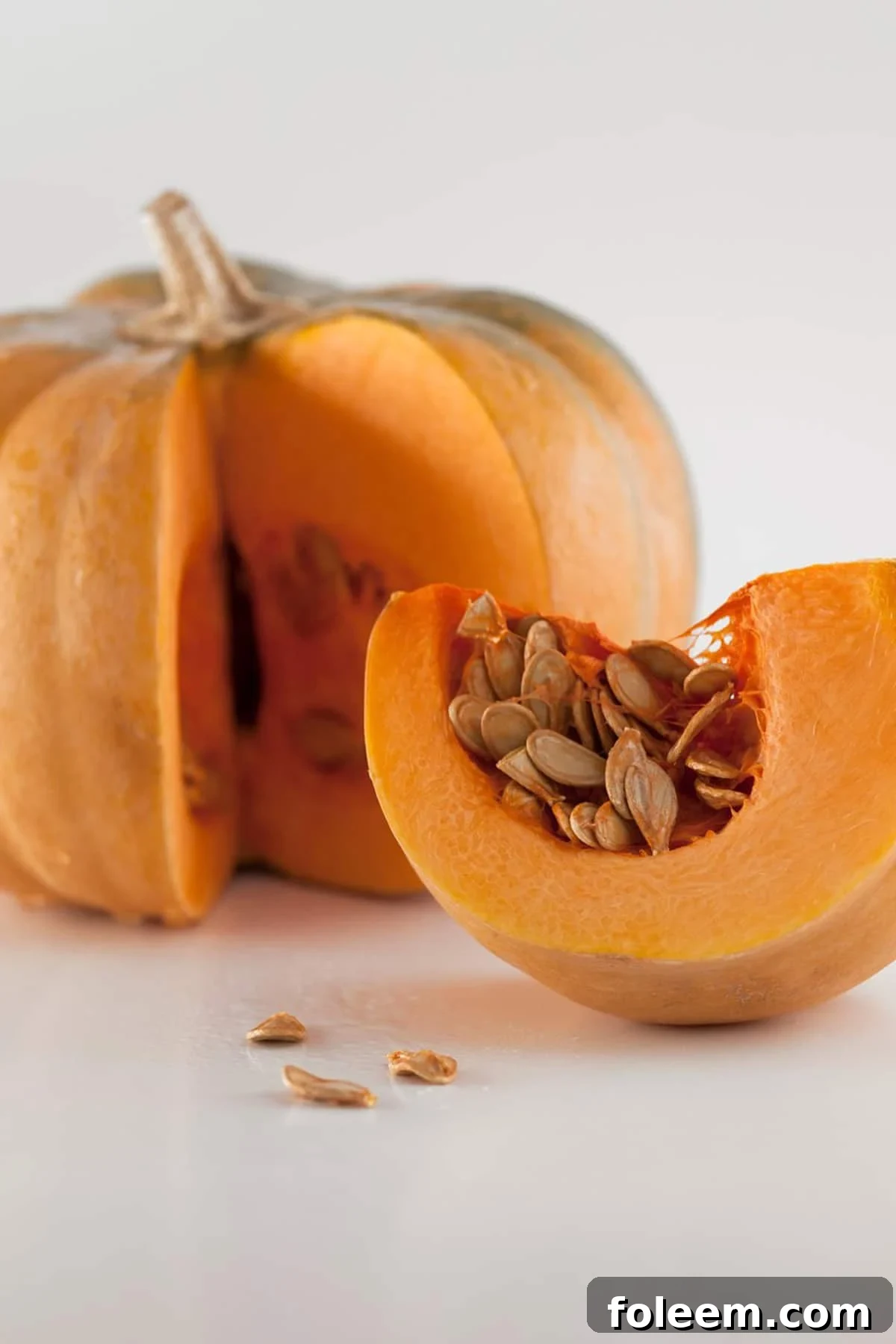 Cut piece of pumpkin next to full pumpkin.