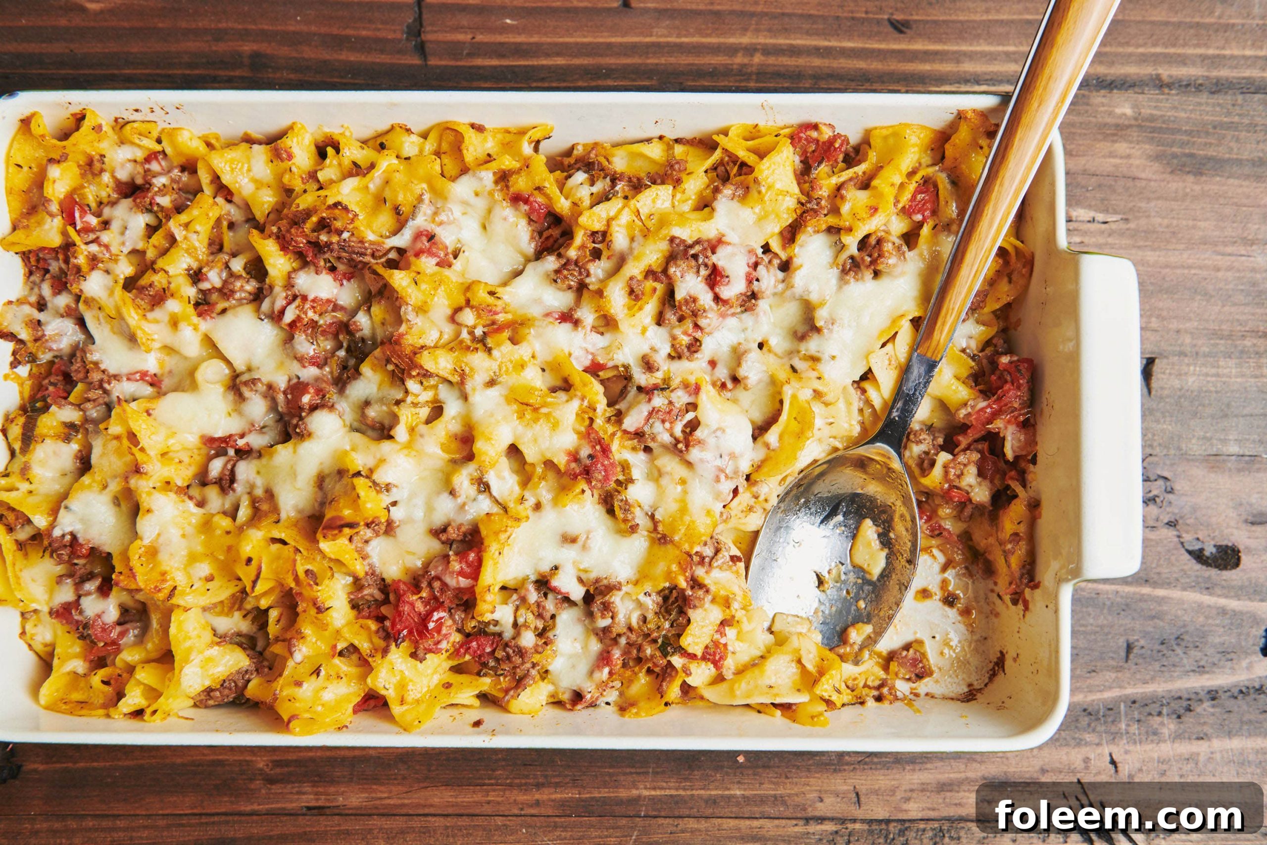 Beef and Three Cheese Noodle Casserole in a baking dish.