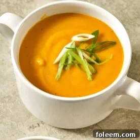 Bowl of pureed vegan butternut squash and apple soup garnished with scallions.