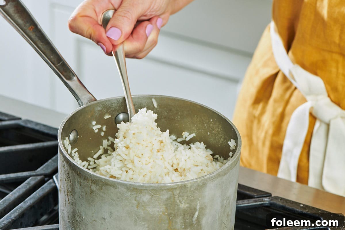Stirring rice in pot on the stove.