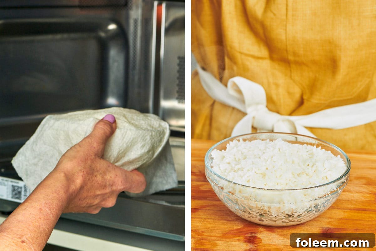 Microwaving bowl of leftover cooked rice to reheat.