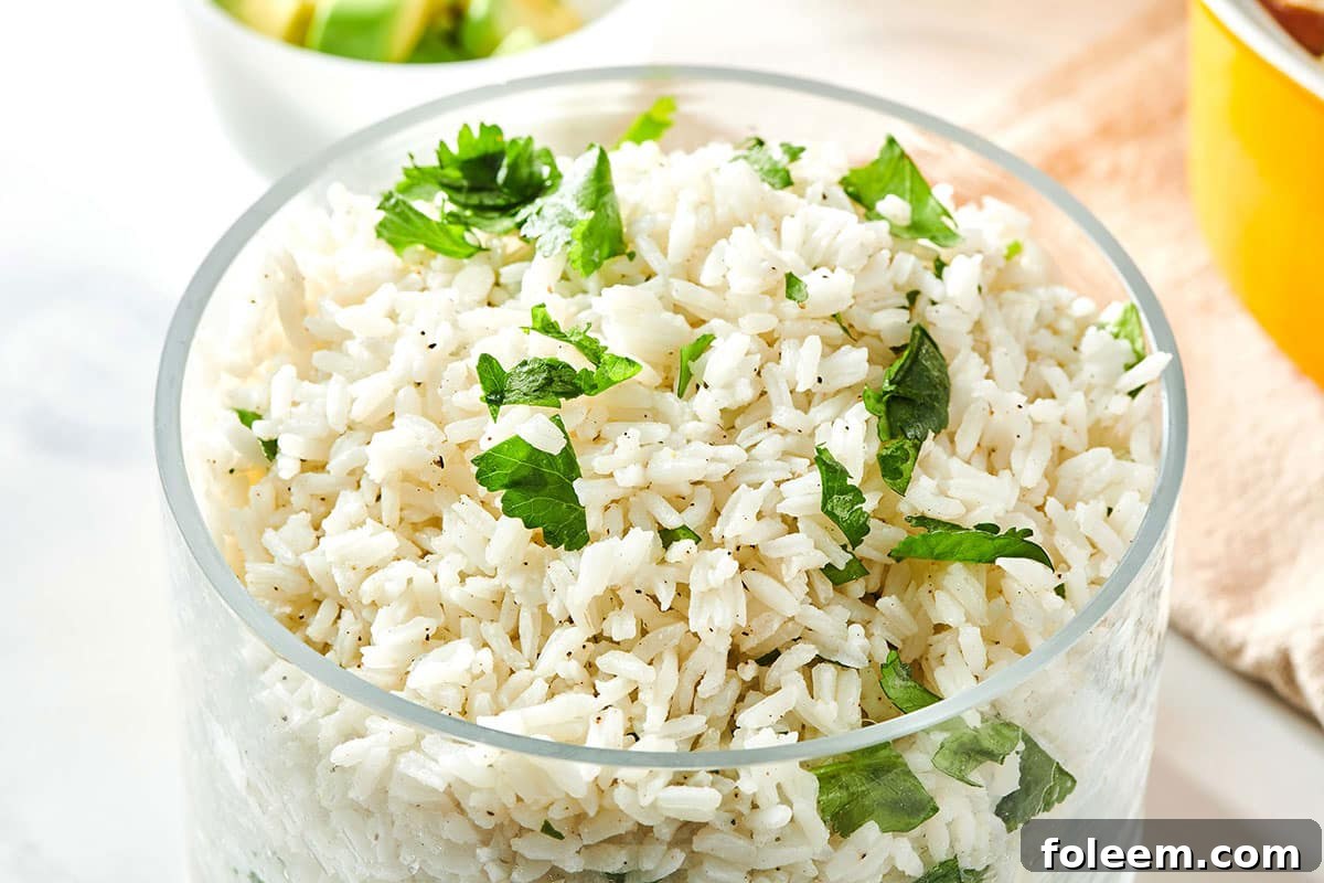 Glass container of Cilantro Lime Rice.