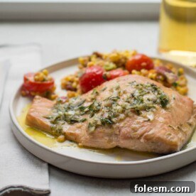 Tarragon vinaigrette atop a Salmon filet.