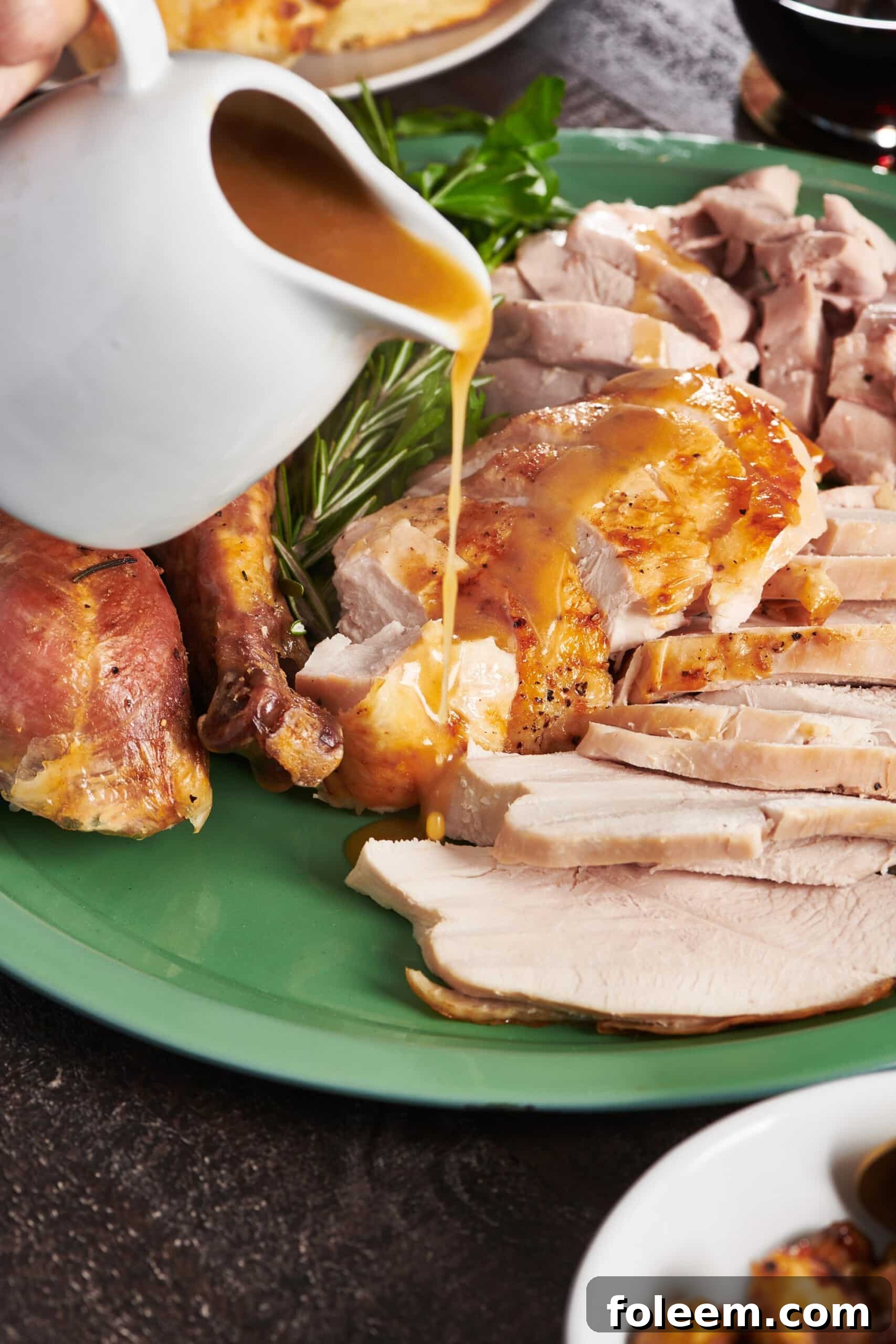 Gravy pouring over Roasted Thanksgiving Turkey.