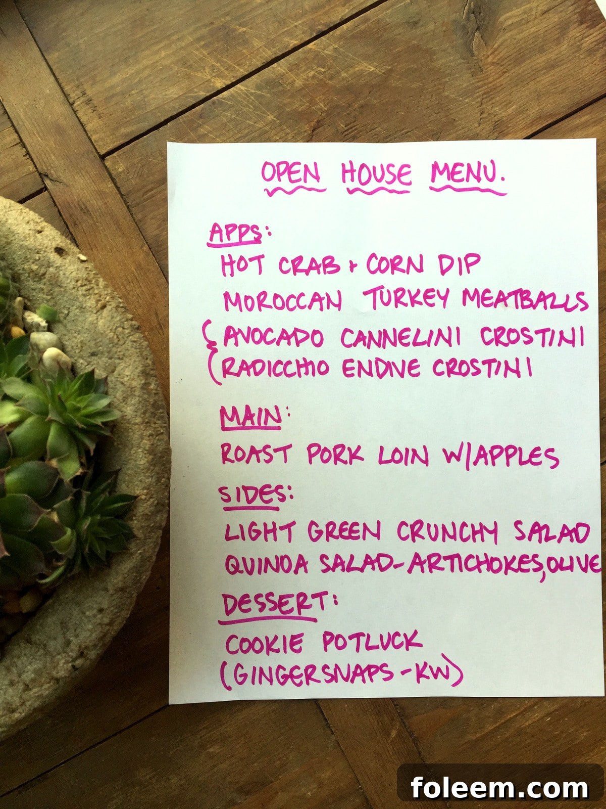 Holiday Open House menu printed on paper in pink ink.