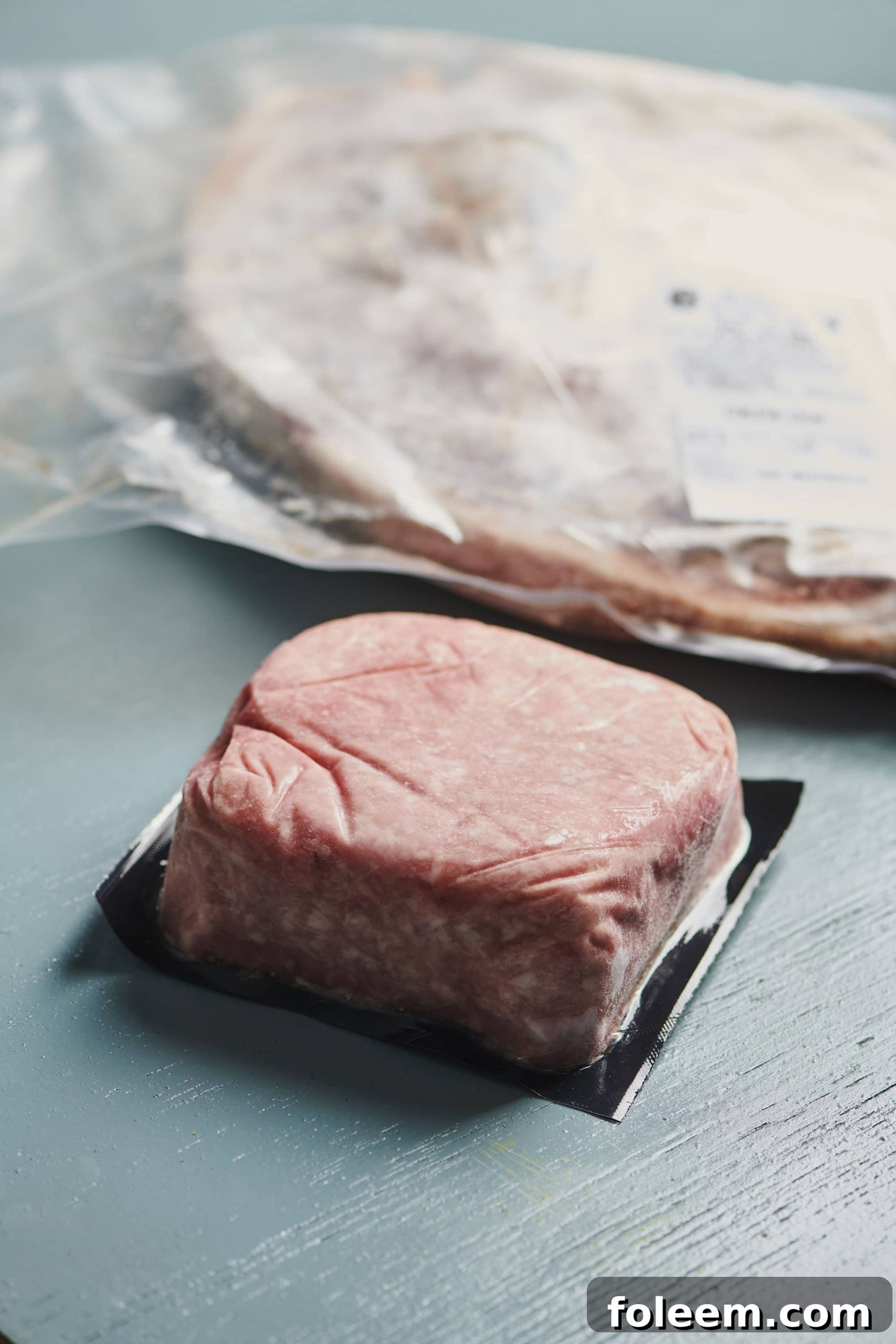 Frozen ground meat in a package.