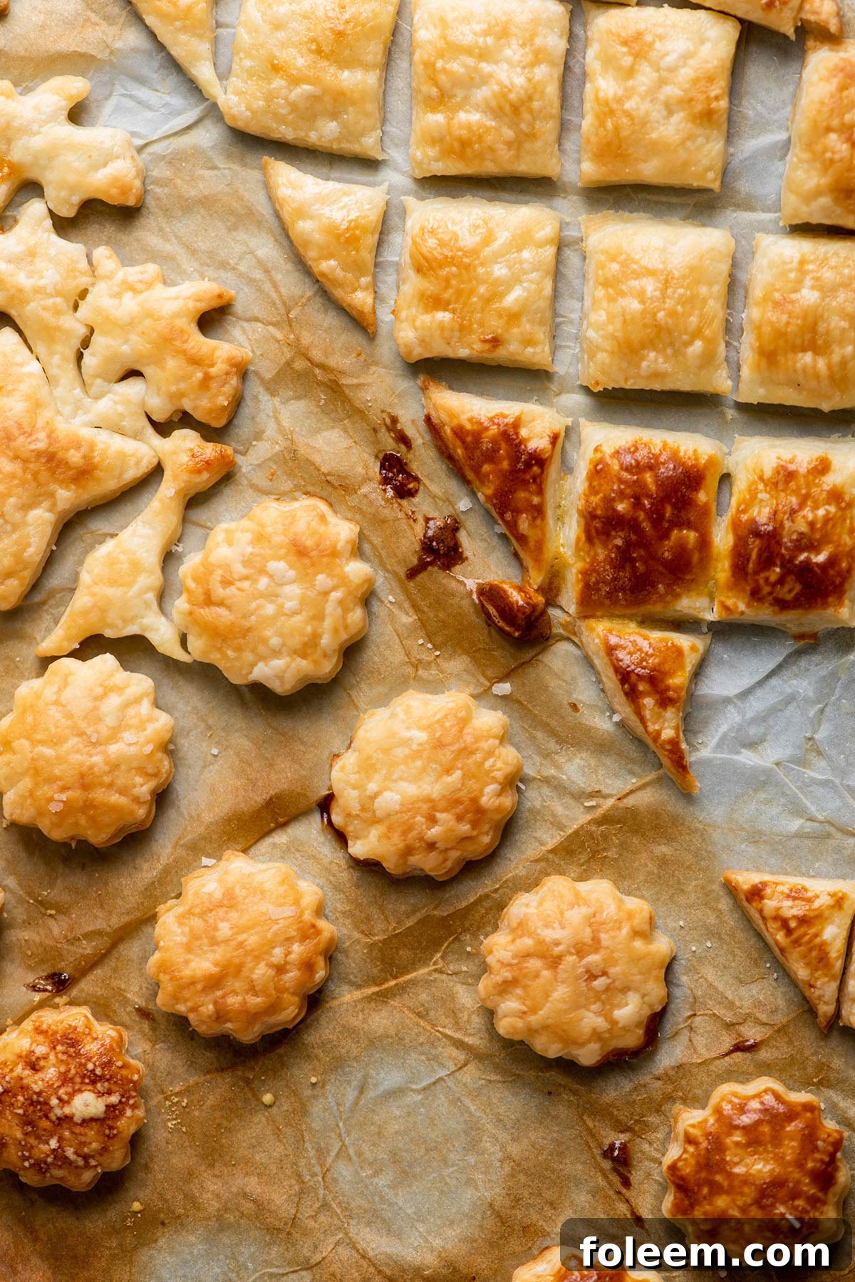 Cooked puff pastry in a variety of shapes.