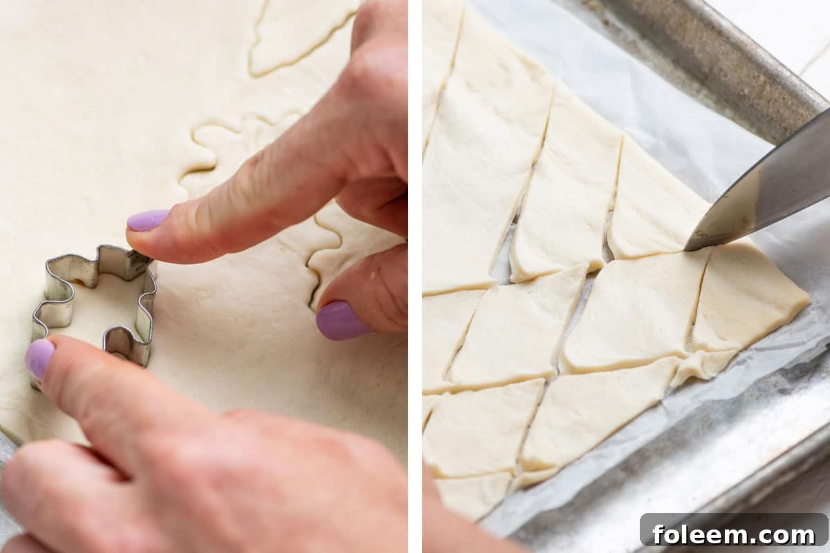 Woman cutting puff pastry with leaf cookie cutter and knife.