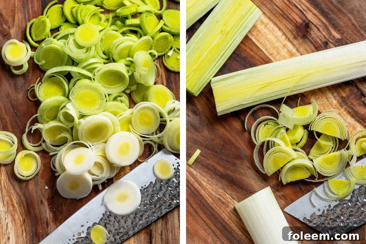 Slicing leeks on cutting board.