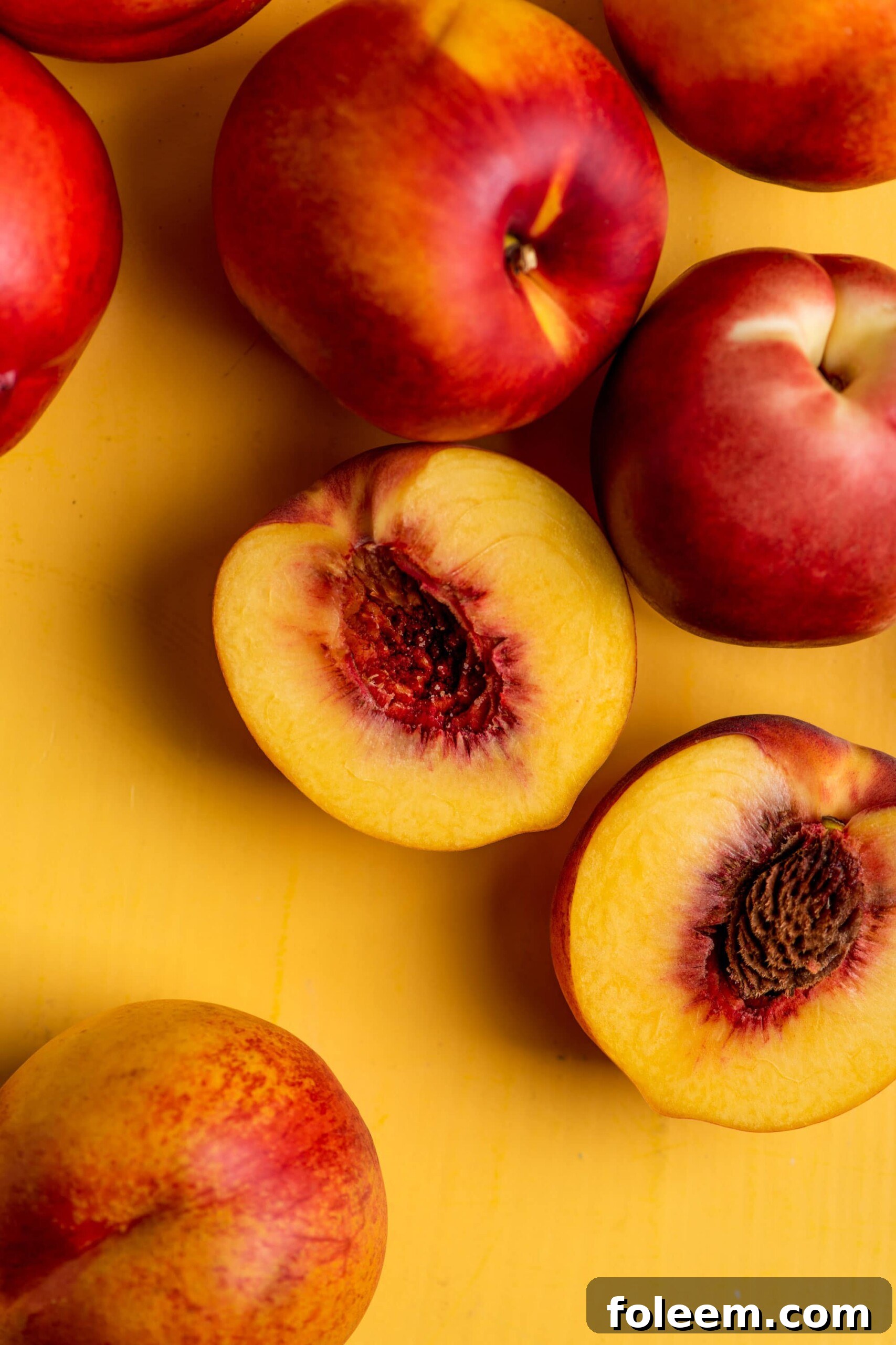 Peaches and Nectarines on a yellow surface, one of which is cut in half.