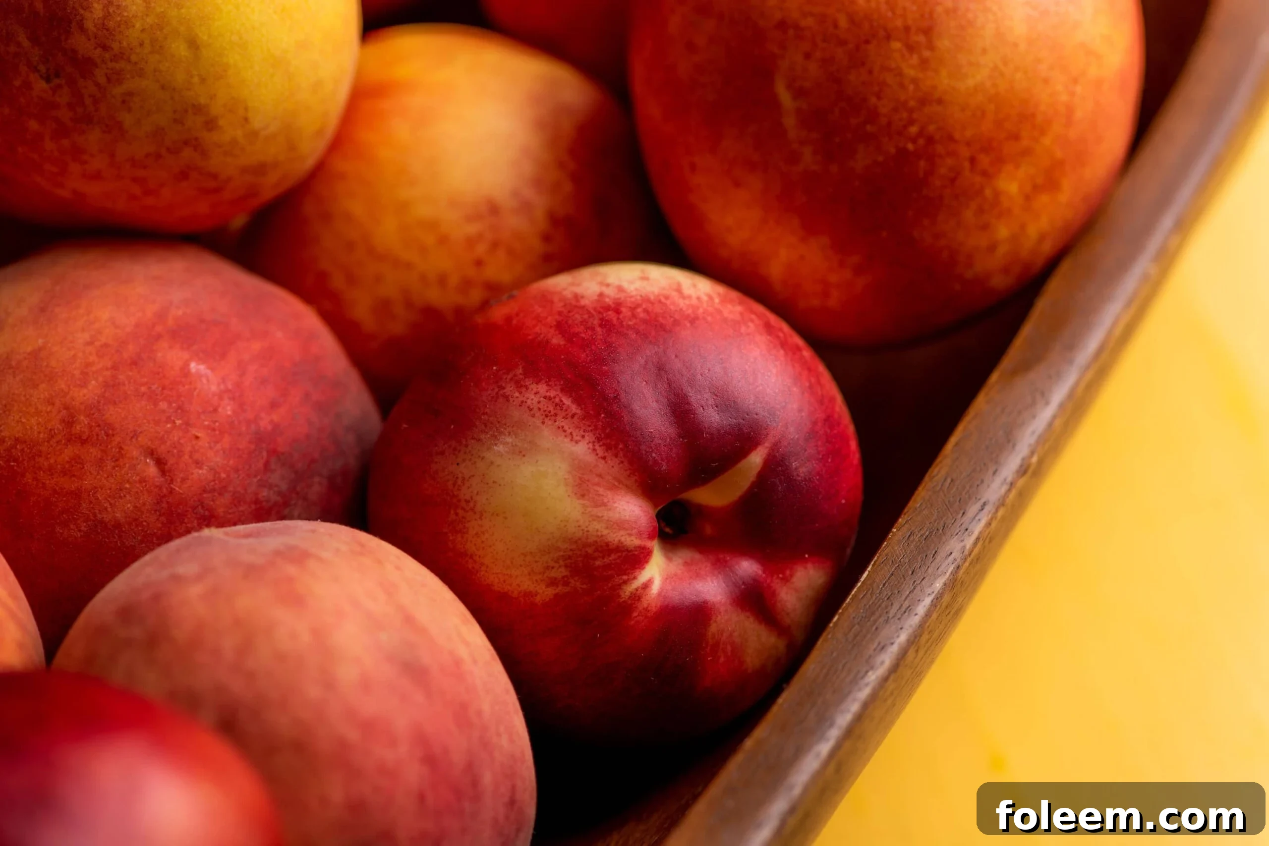 Wooden bowl of Peaches and Nectarines on a yellow surface.