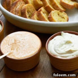 Bowls of Whipped Fresh Ricotta dips with slices of bread.
