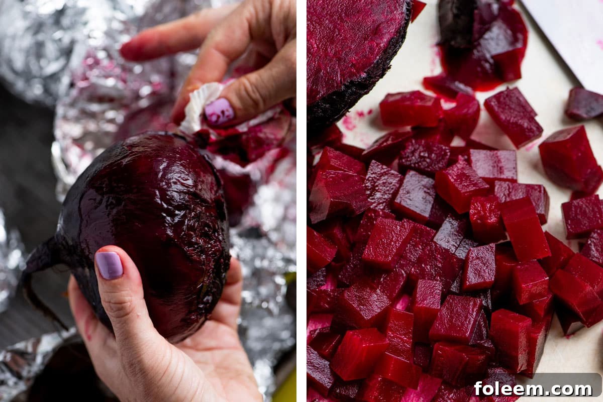 Peeling and dicing cooked red beets.