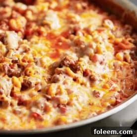 Beef and macaroni casserole topped with cheese