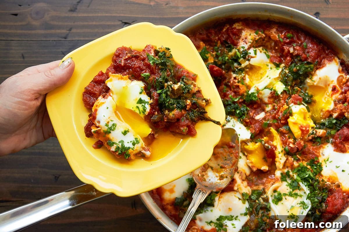Plating Shakshuka with Swiss Chard from dish.