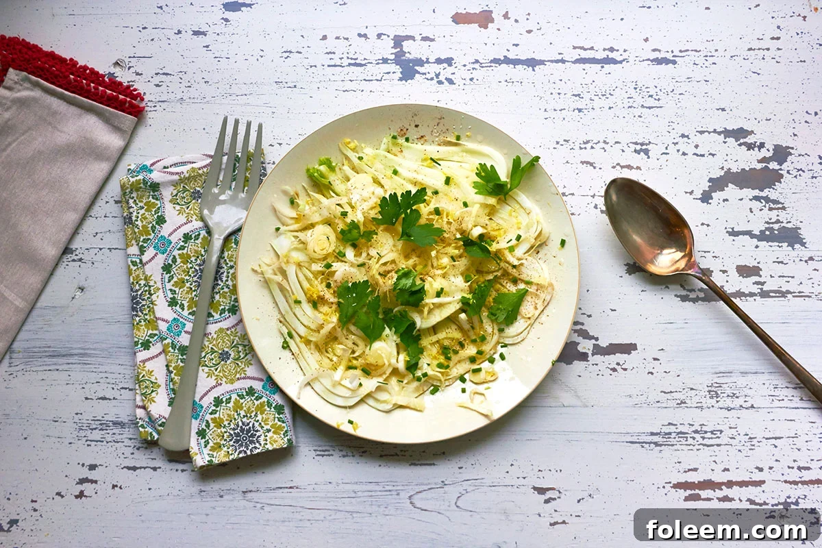 Table setting with plate of Fennel and Endive Salad near fork, spoon, and napkin.