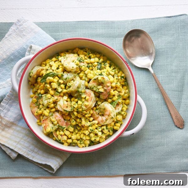 Spoon next to a bowl of Shrimp and Corn Salad with Basil Dressing.