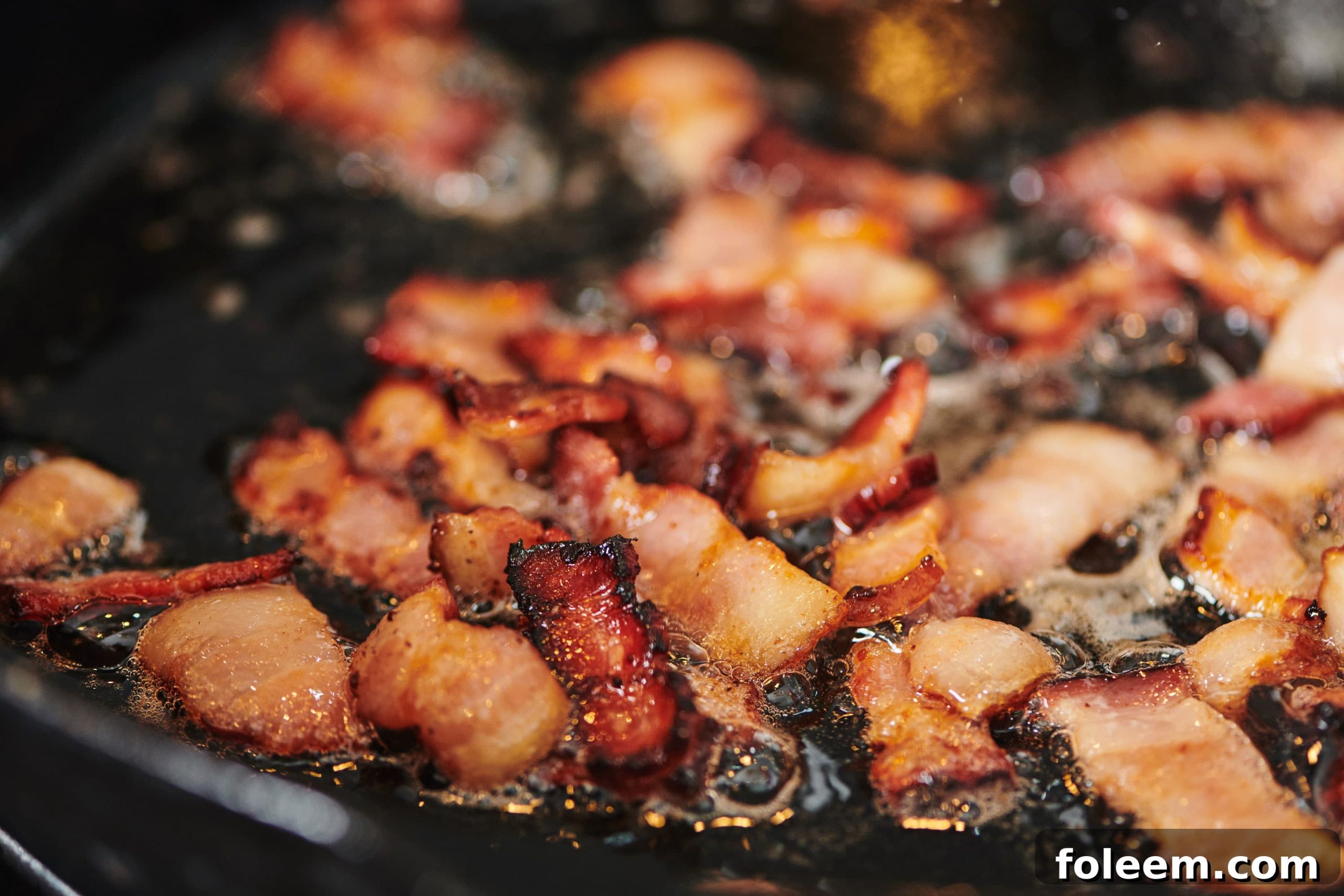 Bacon Lardons frying in pan.
