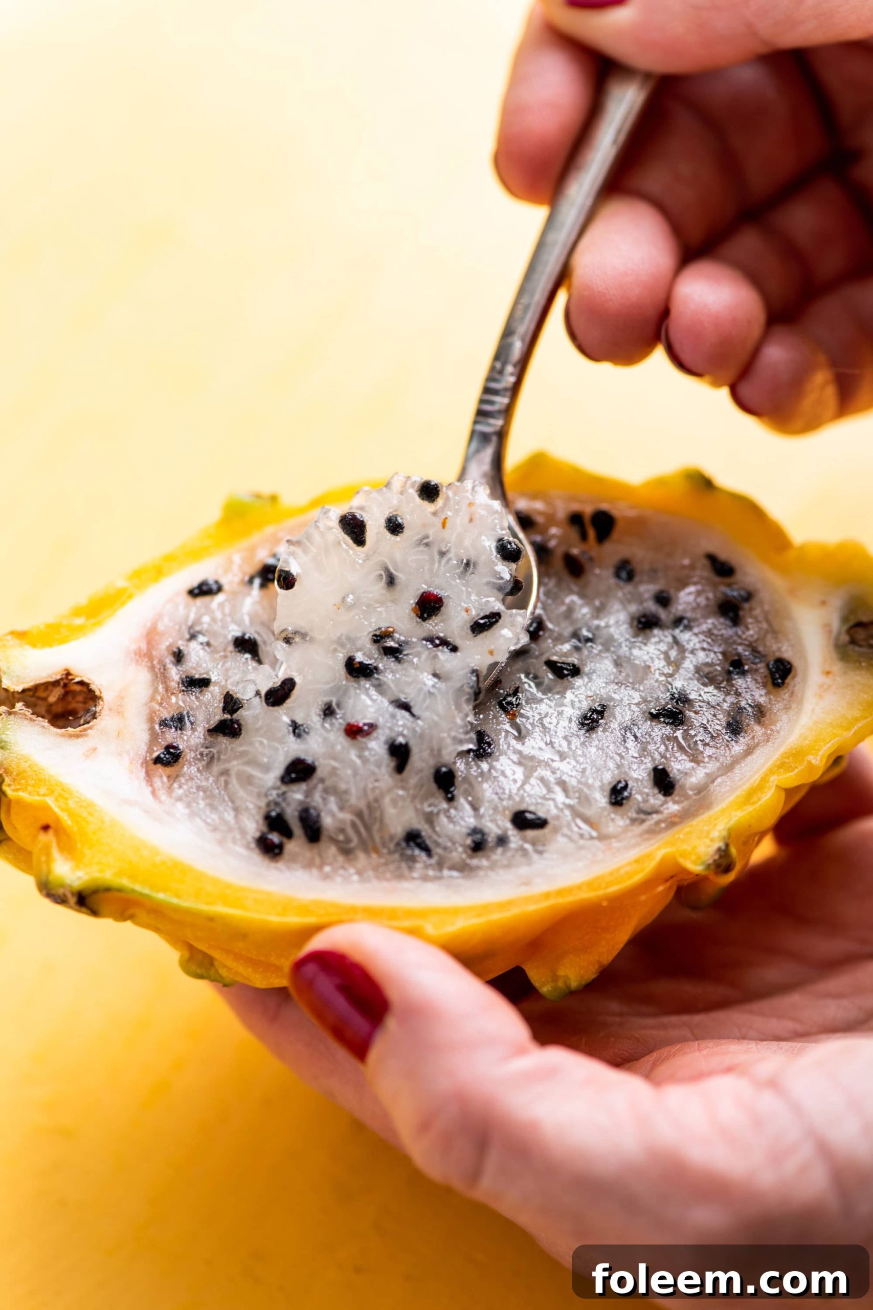 Woman scooping white flesh with black seeds out of a yellow dragonfruit.