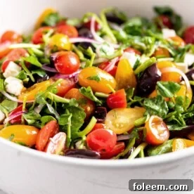 Bowl of colorful Tomato, Red Onion, Watercress, Feta and Olive Salad.