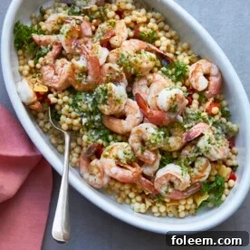 Couscous Salad with Shrimp, Roasted Tomatoes and Pesto Dressing