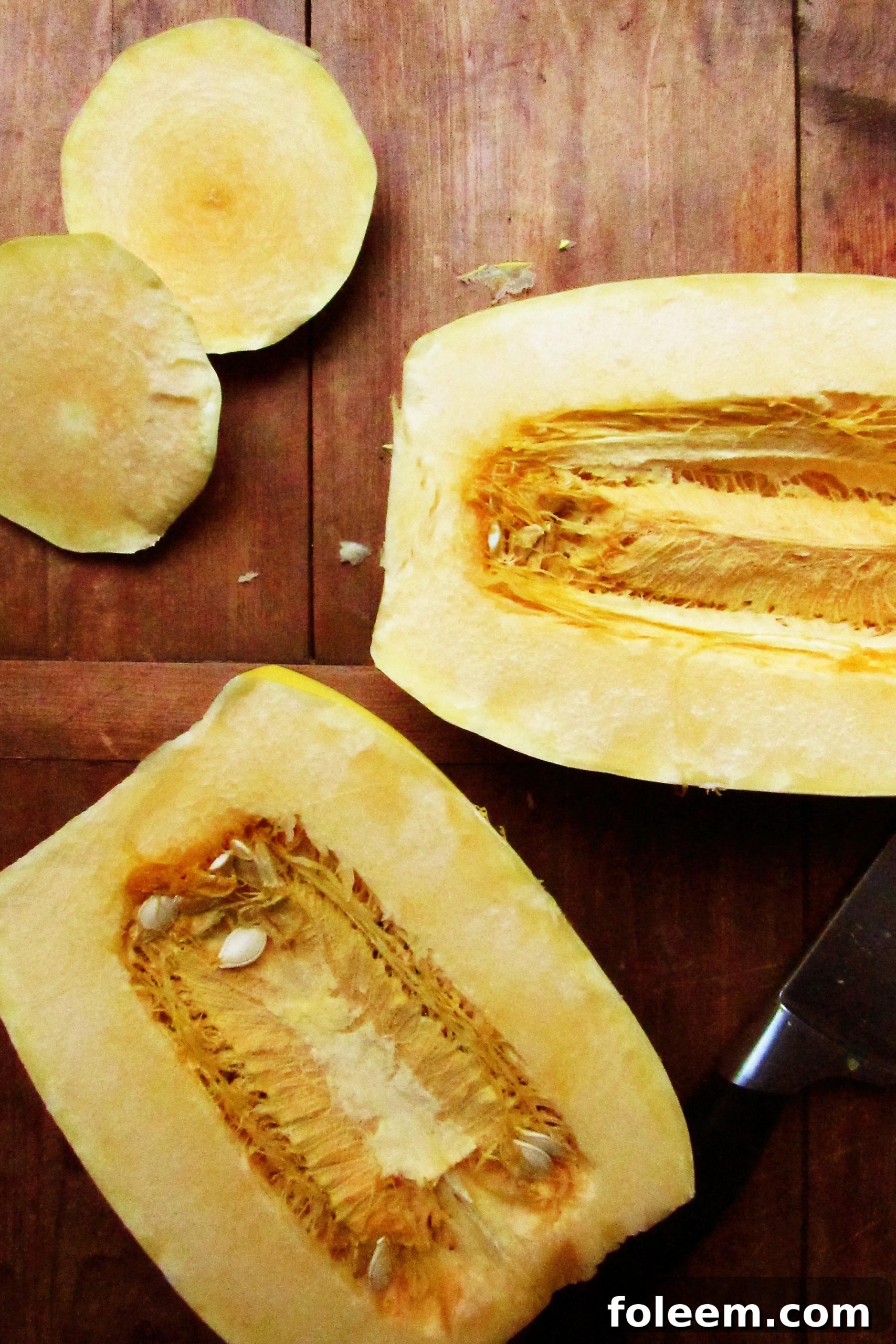Halved spaghetti squash on a wooden surface.