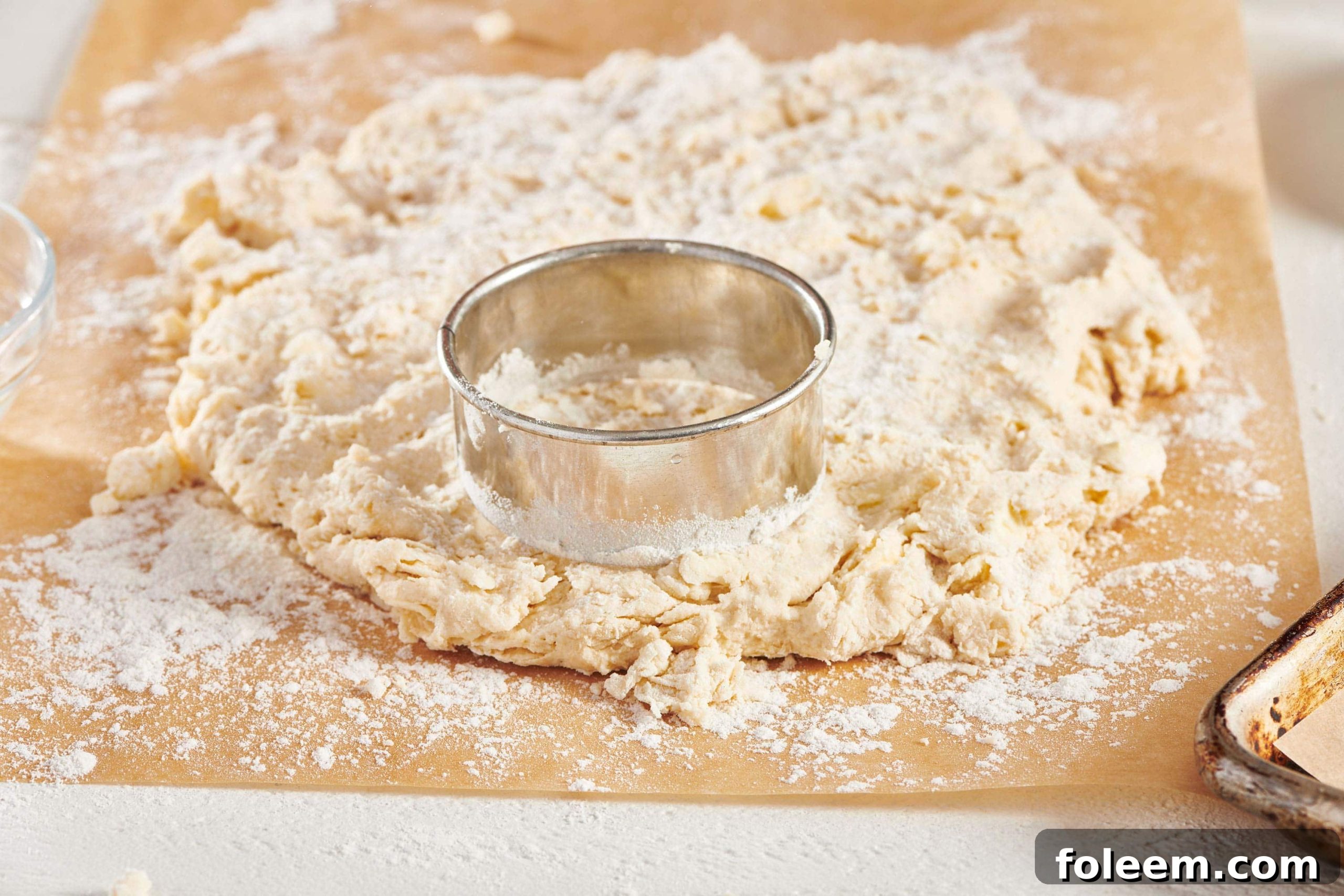 Biscuit dough being cut into biscuits on a floured surface.