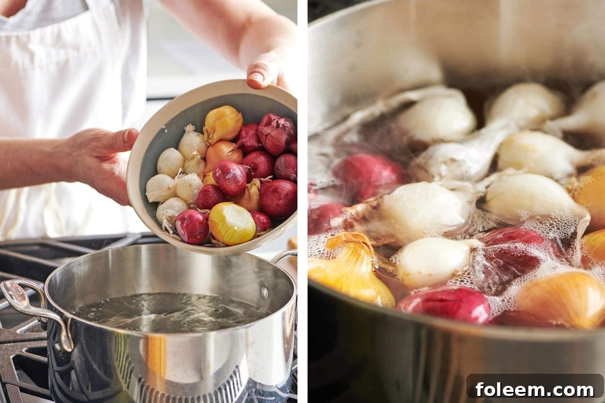 Boiling pearl onions in large pot.