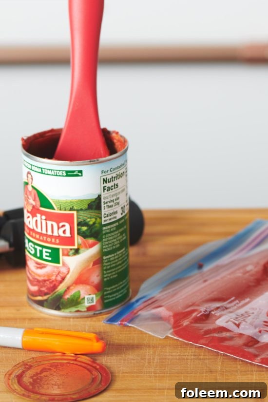 Red spatula in a can of tomato paste.