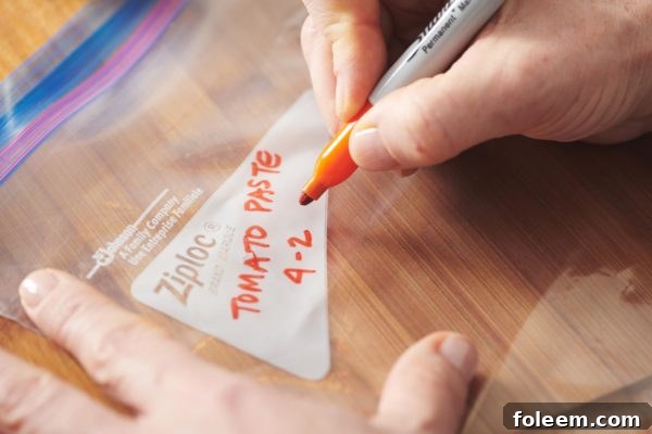 Woman using a sharpie to label a Ziploc bag "Tomato Paste."
