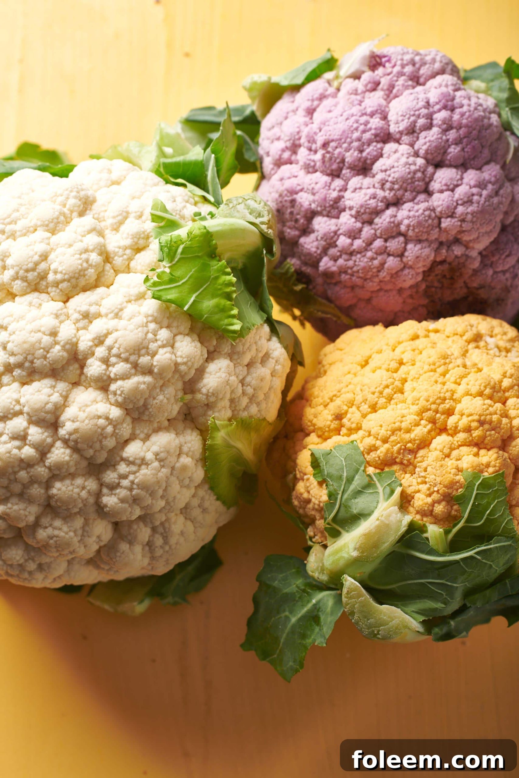 Fresh white, yellow, and purple cauliflower on yellow table.