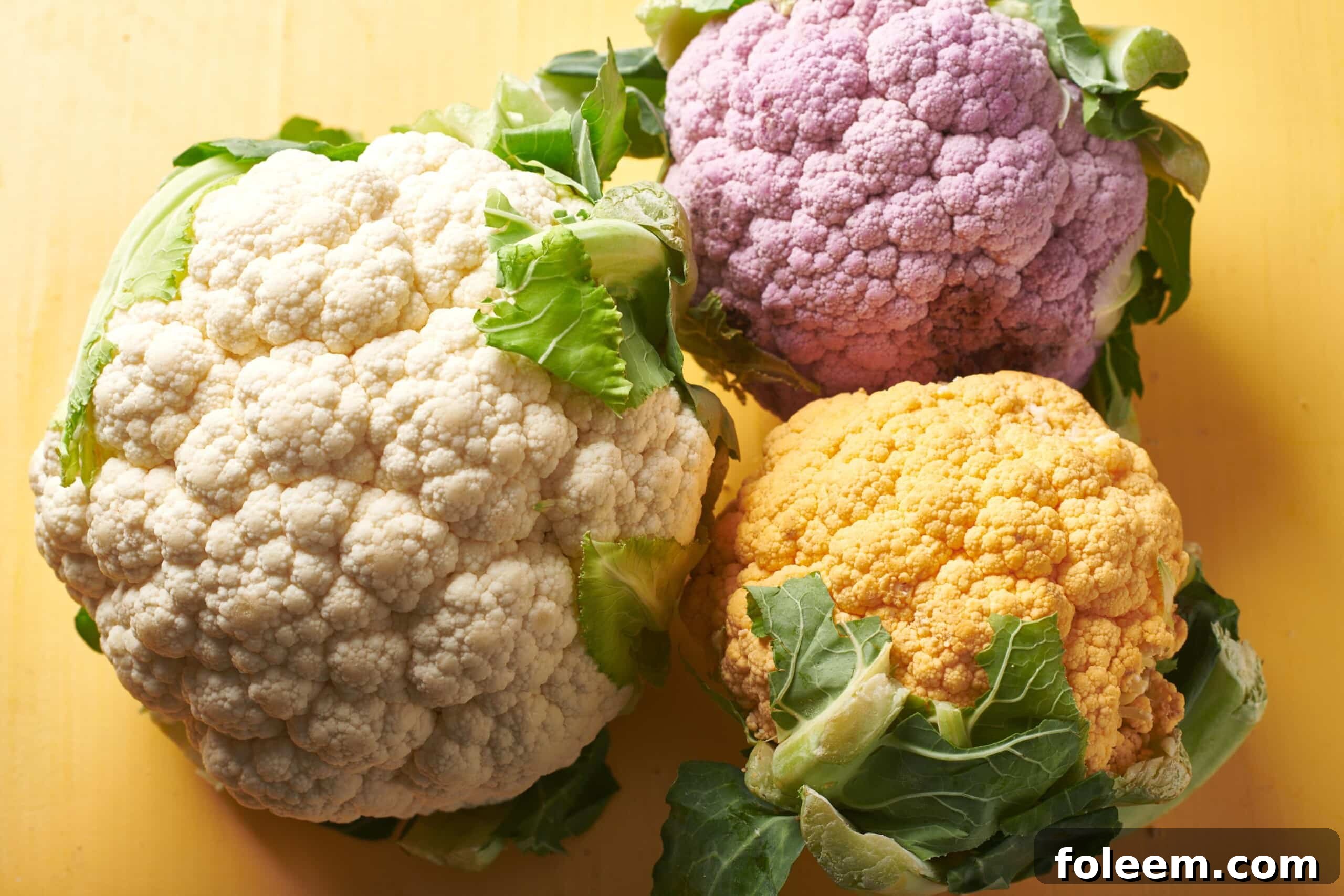 Colorful heads of fresh cauliflower on yellow surface.