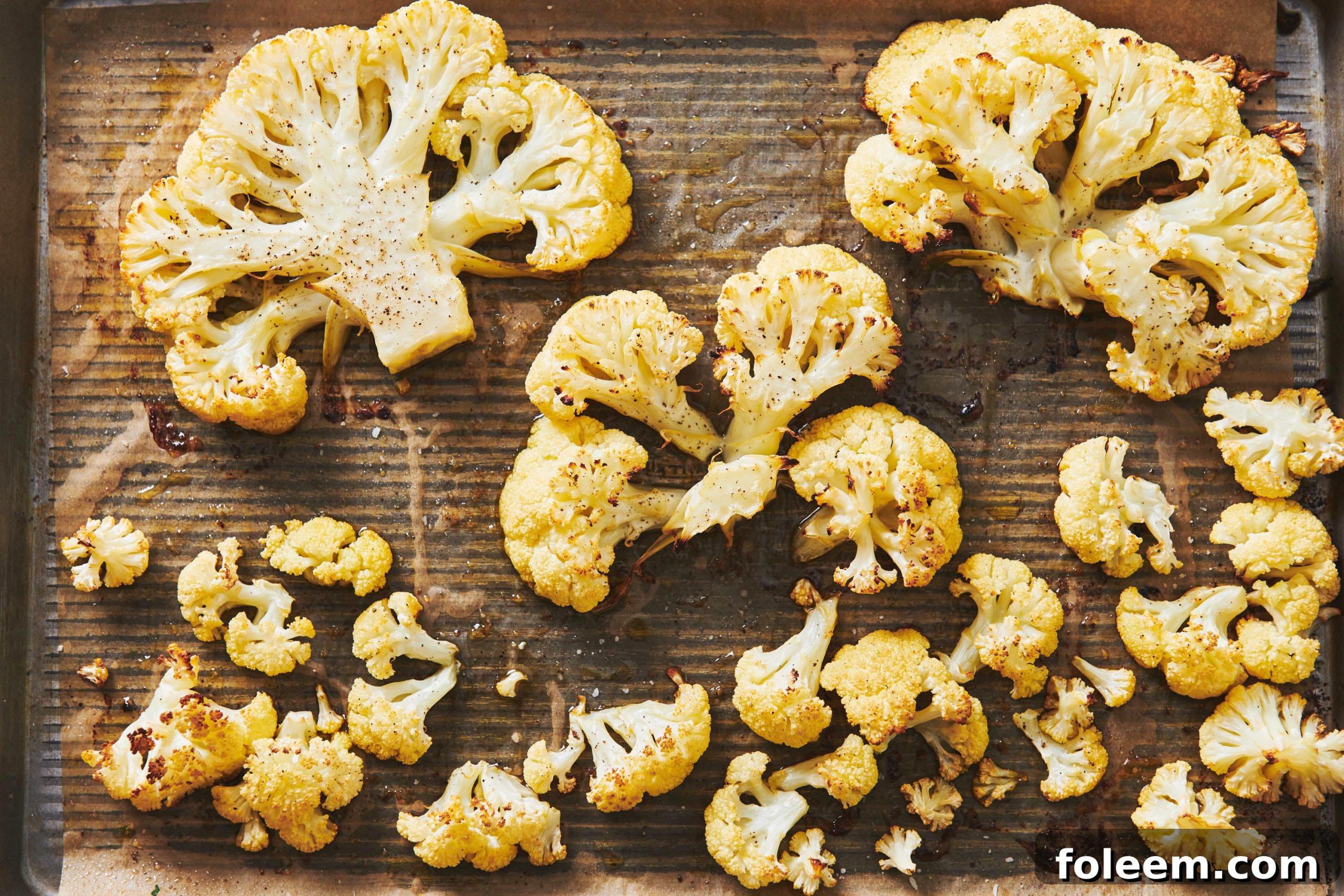 Large pieces or steaks of cauliflower on baking tray.