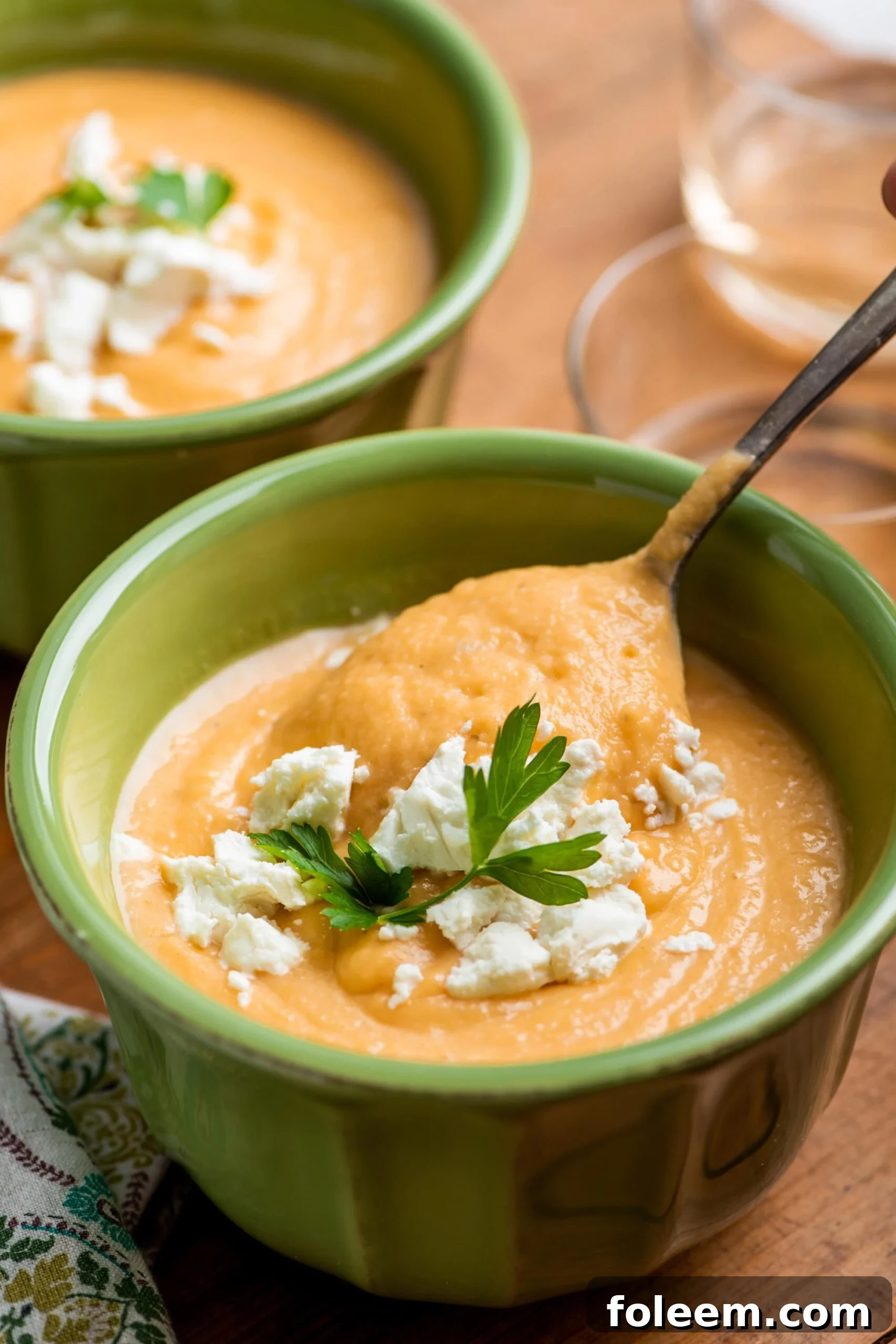 Spoon scooping Creamy Rutabaga, Carrot and Parsnip Soup from a bowl.