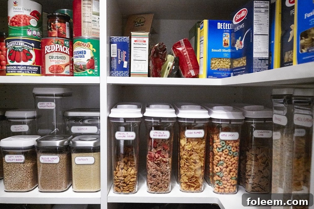 Clear, labeled containers of food on white shelves.