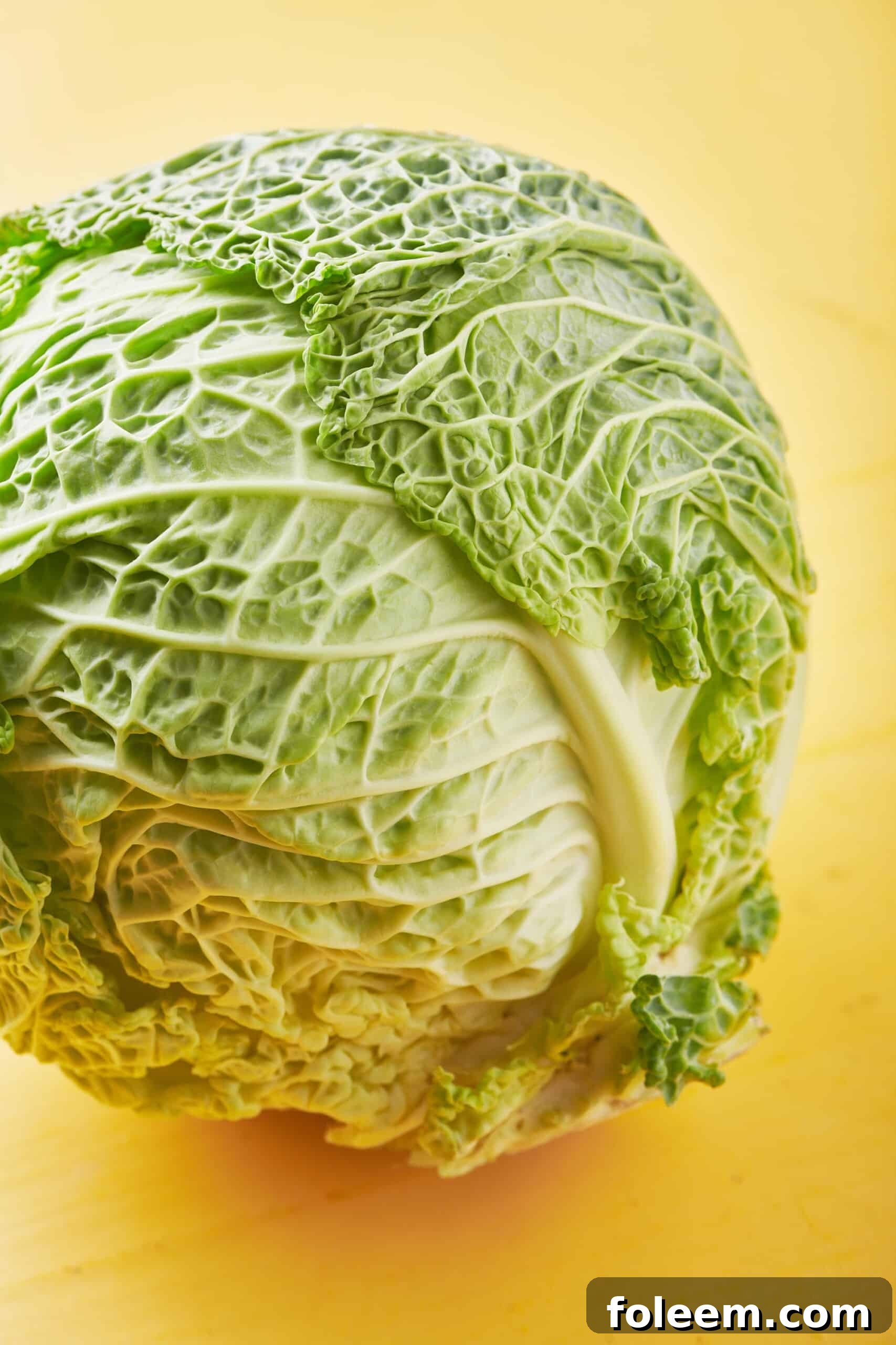 Head of cabbage on a yellow surface.