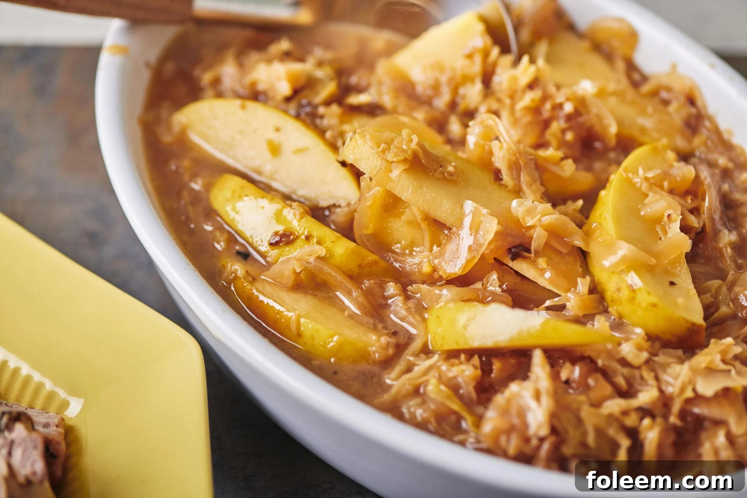 Slow Cooker Fall-Apart Braised Pork with Cabbage and Apples in serving dish.