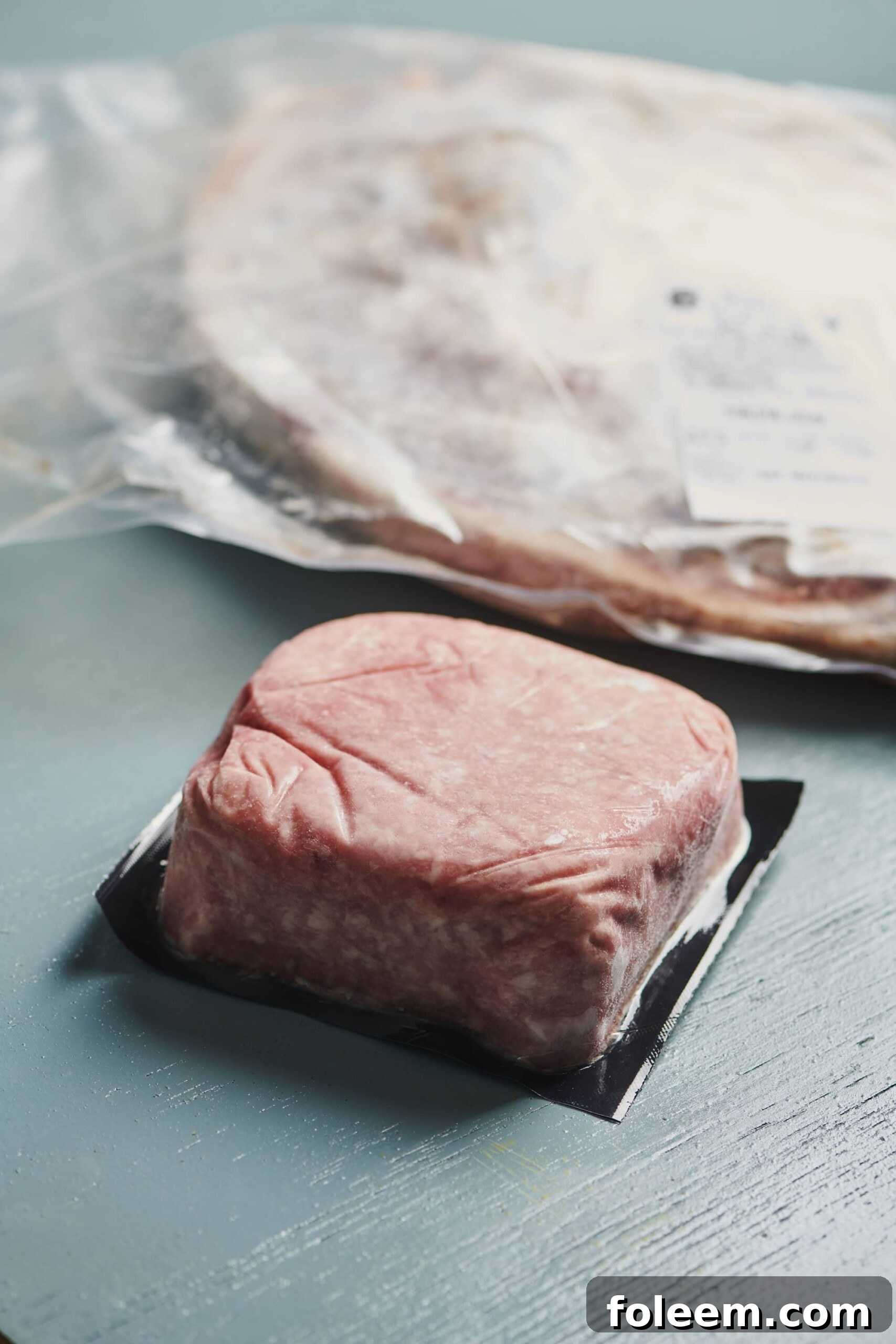 Frozen ground beef on a blue surface.